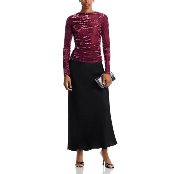 WAYF Women Merlot Red Floral Sheer Jersey Ruched Long Sleeves Slim Top Size XS - Picture 2 of 6